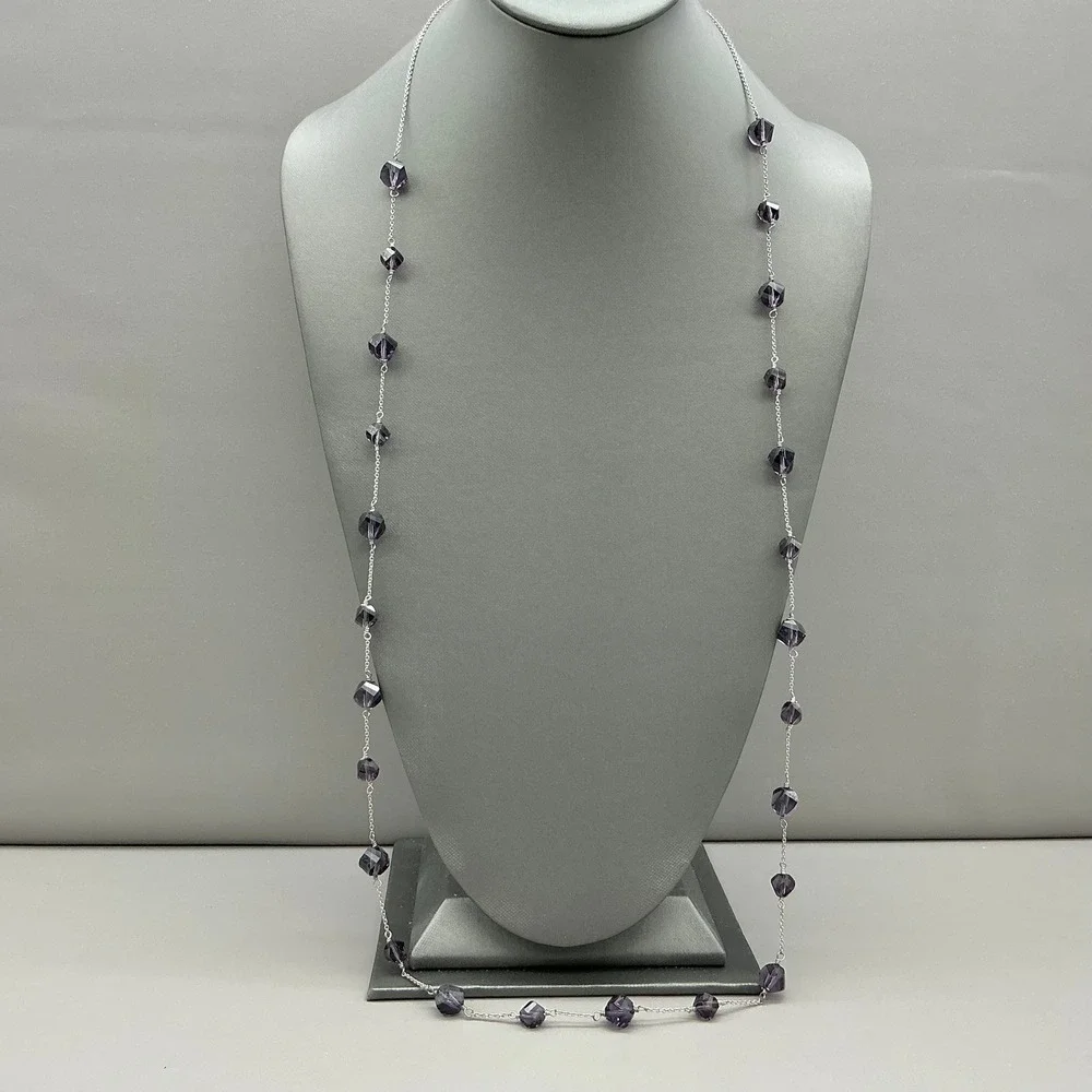Banana Republic Necklace Womens Silver Tone Purple Beaded Station Chain 32